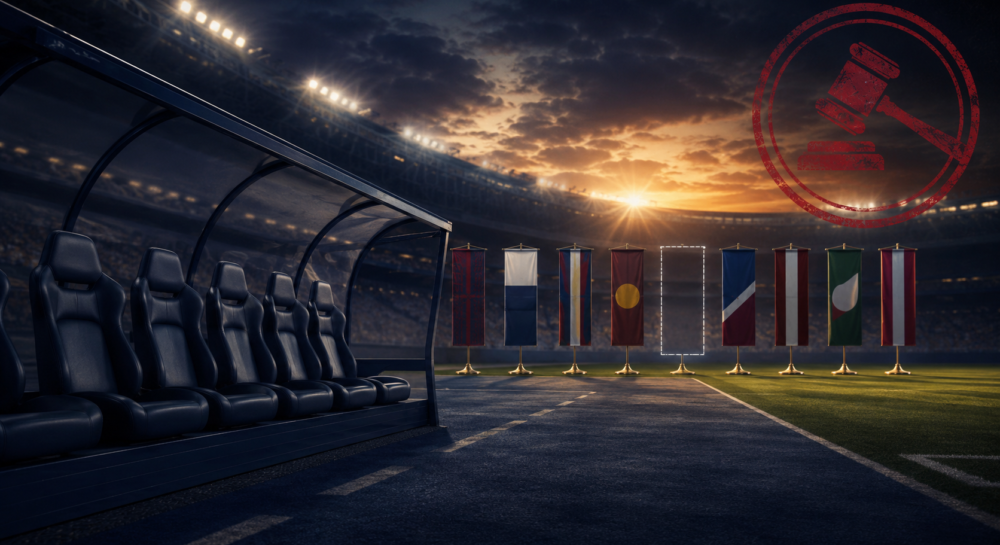 Editorial illustration of a football stadium at dusk with an empty team bench, a missing place in a lineup of generic national flags, and a subtle suspension stamp, symbolizing countries banned or suspended from FIFA World Cup qualification.