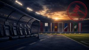Editorial illustration of a football stadium at dusk with an empty team bench, a missing place in a lineup of generic national flags, and a subtle suspension stamp, symbolizing countries banned or suspended from FIFA World Cup qualification.