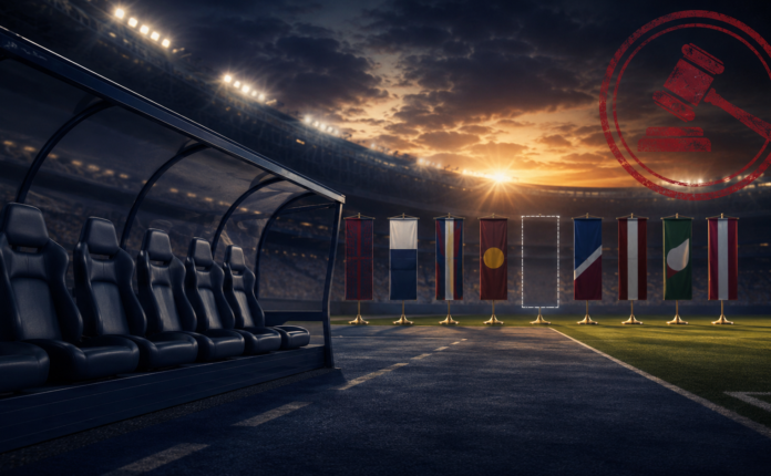 Editorial illustration of a football stadium at dusk with an empty team bench, a missing place in a lineup of generic national flags, and a subtle suspension stamp, symbolizing countries banned or suspended from FIFA World Cup qualification.