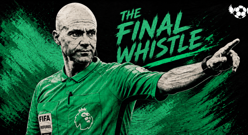 Stylized illustration of referee Anthony Taylor pointing during a match, created for a feature on his retirement from professional officiating.