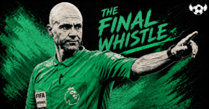 Stylized illustration of referee Anthony Taylor pointing during a match, created for a feature on his retirement from professional officiating.