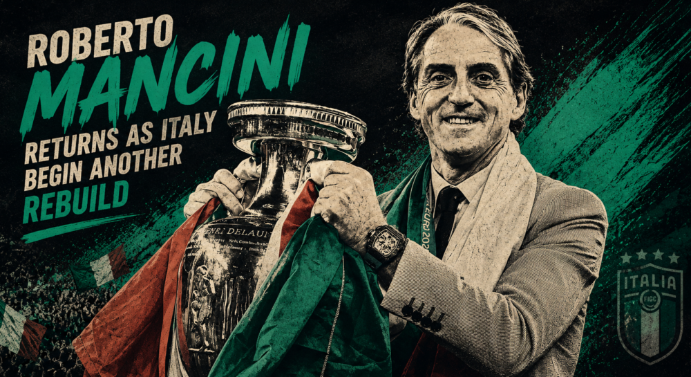 Stylized illustration of Roberto Mancini holding the UEFA Euro trophy, representing his return as Italy head coach for a new era of rebuilding.