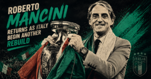 Stylized illustration of Roberto Mancini holding the UEFA Euro trophy, representing his return as Italy head coach for a new era of rebuilding.