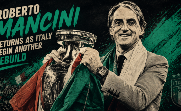 Stylized illustration of Roberto Mancini holding the UEFA Euro trophy, representing his return as Italy head coach for a new era of rebuilding.