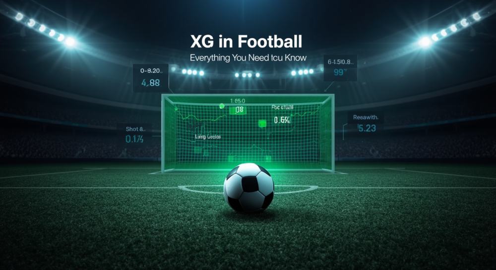 Illustration explaining expected goals (xG) in football with a football pitch, shot map, goal, and statistical analytics graphics.