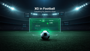 Illustration explaining expected goals (xG) in football with a football pitch, shot map, goal, and statistical analytics graphics.