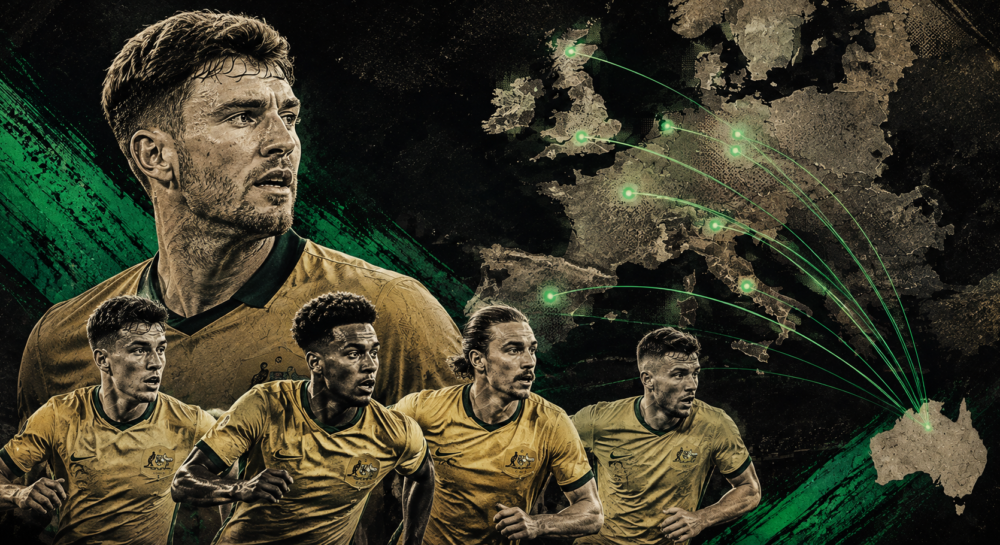 Stylized editorial illustration of Australian footballers with a map of Europe connected to Australia, representing Australians playing for clubs across Europe's top football leagues in 2026.