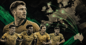 Stylized editorial illustration of Australian footballers with a map of Europe connected to Australia, representing Australians playing for clubs across Europe's top football leagues in 2026.