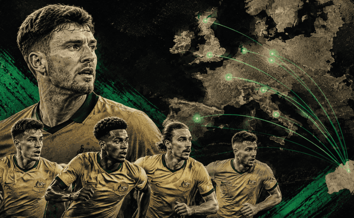 Stylized editorial illustration of Australian footballers with a map of Europe connected to Australia, representing Australians playing for clubs across Europe's top football leagues in 2026.