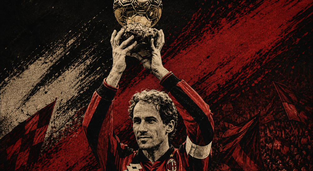 Stylized tifo-inspired illustration of Franco Baresi lifting the Balon D'or while wearing the iconic AC Milan shirt, representing the club's tribute to one of its greatest captains.