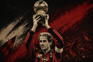 Stylized tifo-inspired illustration of Franco Baresi lifting the Balon D'or while wearing the iconic AC Milan shirt, representing the club's tribute to one of its greatest captains.