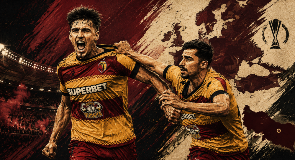 Stylized editorial illustration of Jagiellonia Białystok players celebrating after a 2-1 win over Rangers in a UEFA Europa League qualifier.