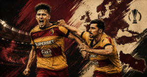 Stylized editorial illustration of Jagiellonia Białystok players celebrating after a 2-1 win over Rangers in a UEFA Europa League qualifier.