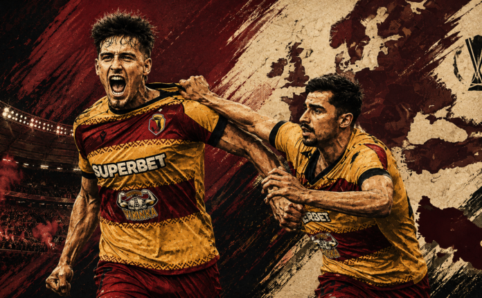 Stylized editorial illustration of Jagiellonia Białystok players celebrating after a 2-1 win over Rangers in a UEFA Europa League qualifier.