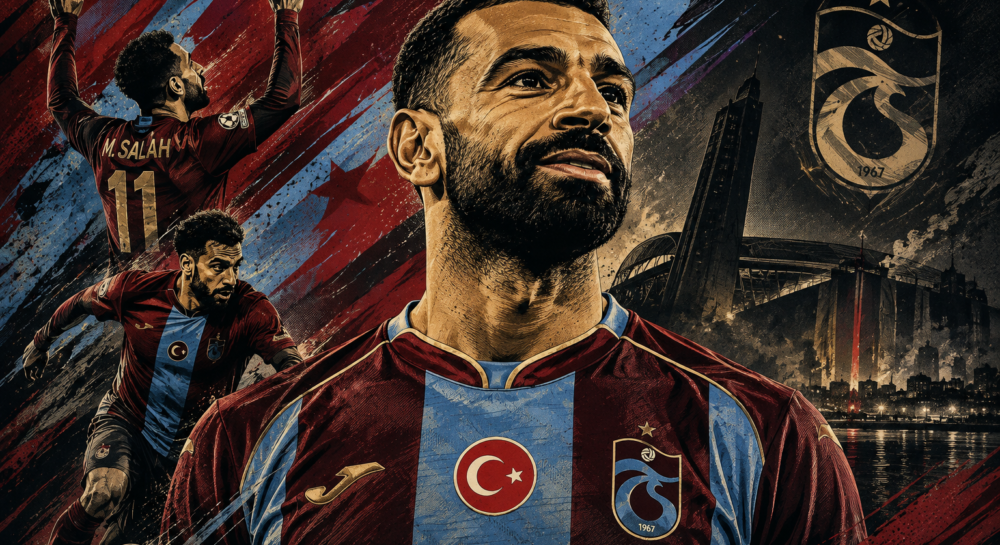 Stylized tifo-inspired illustration of Mohamed Salah wearing Trabzonspor colours, created for a feature covering his move to the Turkish club.