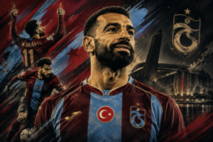 Stylized tifo-inspired illustration of Mohamed Salah wearing Trabzonspor colours, created for a feature covering his move to the Turkish club.
