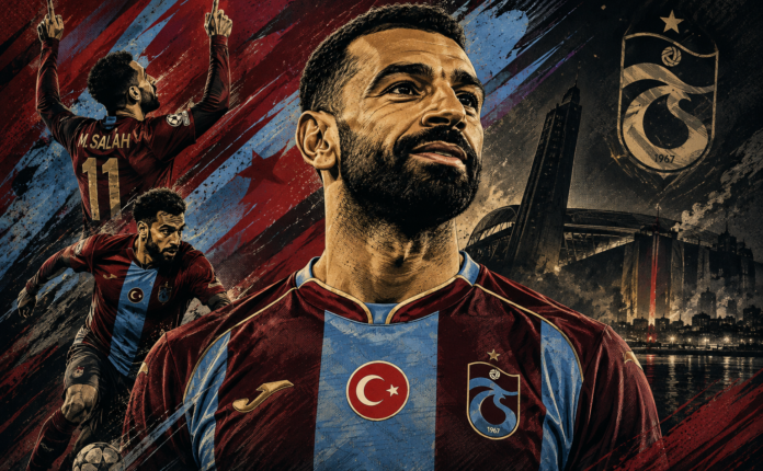 Stylized tifo-inspired illustration of Mohamed Salah wearing Trabzonspor colours, created for a feature covering his move to the Turkish club.